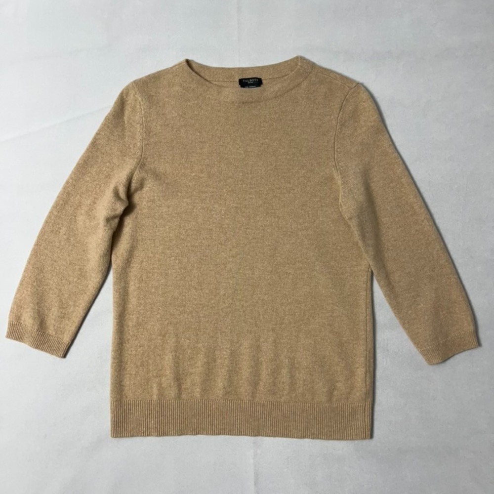 Talbots Cashmere Sweater Women Petite Medium Camel Tan 3/4 Sleeve